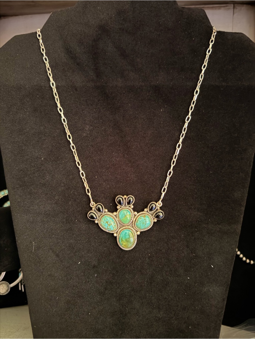 925 Sterling Silver Kingman Turquoise and Black Onyx Cactus Pendant Necklace - Picture 3 of 3